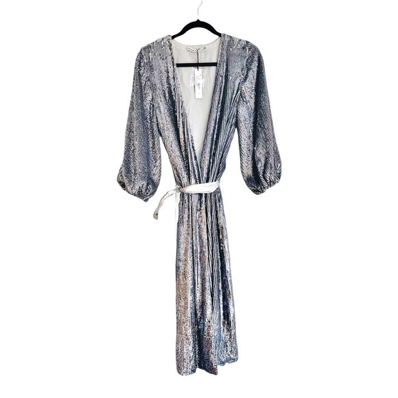 New York Alice + Olivia Silver Sequin Wrap Midi Dress Size 8 - Picture 7 of 12